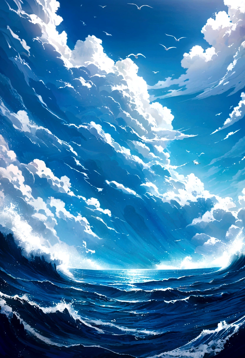 Japanese anime style，Clear color blocks，Clear Colone details，Comic Style，Sea and sky, Rough Seas, Flying over the ocean, Clouds、Wings and waves, Bright sea, Detailed sea, Beautiful sea view, realistic ocean, blue ocean,Seagull flying ，author: Shinkai Makoto, ufotable art style, Beautiful and peaceful scenes of the anime, Atmospheric animation