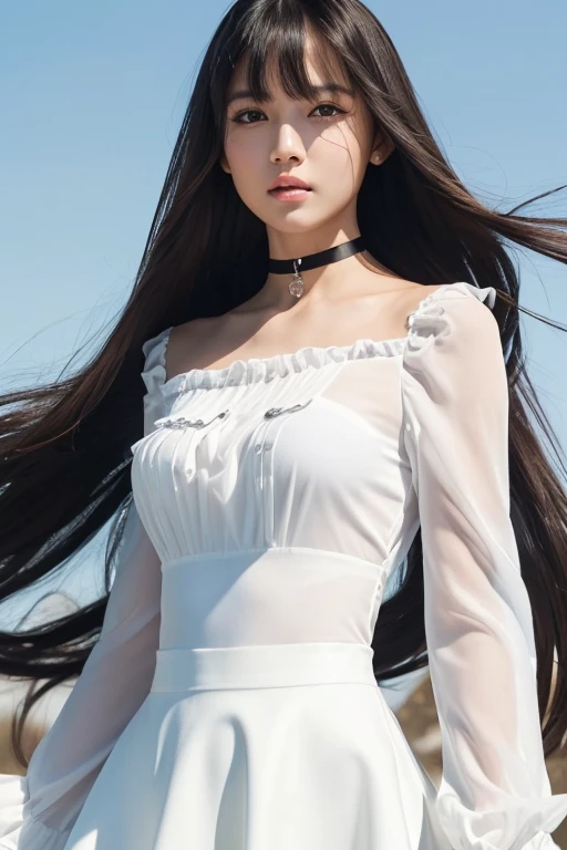 (Highest quality1.2), (masterpiece:1.2), (Realistic, photo-Realistic:1.2), (8k wallpaper), (Highly detailed face and skin texture1.3), (Cinema Lighting), (Written boundary depth), (cowboy shot from the side), (Standing in a strong wind:1.1), (With arms outstretched), (Very long hair fluttering in the wind:1.8), (10 years old , Japanese Idols), (Whitening skin), (double eyelid), (Straight hair:1.5), (Black Hair), (Shiny Bangs), (slim:1.2), (Flat Bust:1.2), (White long sleeve tunic blouse), (White frilly long skirt), (choker)