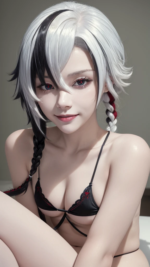 (close up:1.4), (RAW Shooting:1.2), (Reality:1.4), (masterpiece:1.3), (Highest quality:1.4), (bikini：1.3), White knee socks, swimsuit, flat chest, White hair, Black Hair, Colorful Hair, short hair, Straight Hair, White hair long braid, Glowing red eyes, Red X pupil, (focus, full-body shot, Smile
