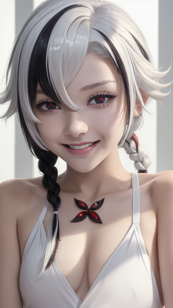 (close up:1.4), (RAW Shooting:1.2), (Reality:1.4), (masterpiece:1.3), (Highest quality:1.4), (??????：1.3), White knee socks, swimsuit, flat ?????, White hair, Black Hair, Colorful Hair, short hair, Straight Hair, White hair long braid, Glowing red eyes, Red X pupil, (focus, full-body shot, Smile