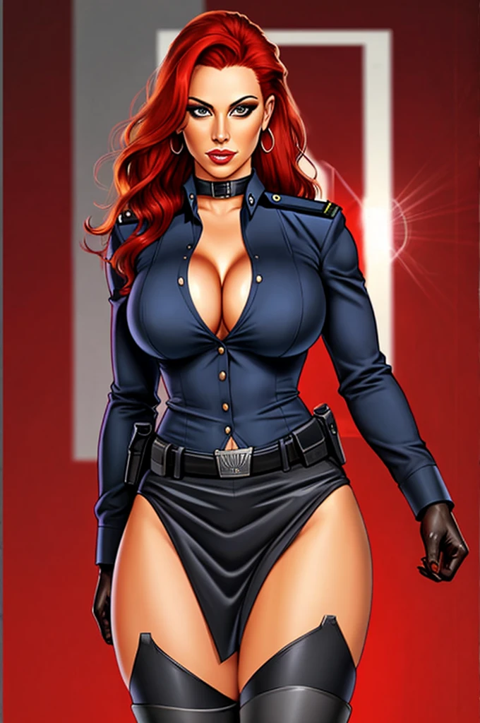 Busty cop, sexy uniform. realistic, red hair, short skirt