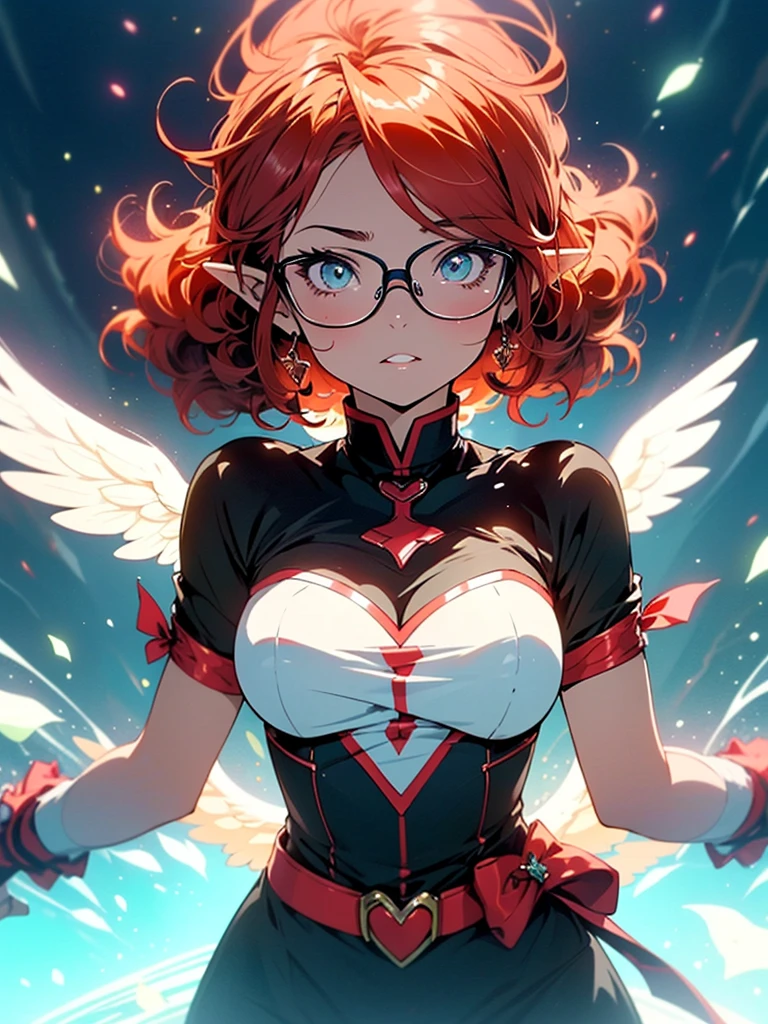(Angel, red hair, ahoge,cute,1girl, ong hair, curly hair, under-rim glasses, elf ears,Big breasts, anime screencap, yuyushiki style), (special move, zapping, magical glowing wings, particle lighting, below wind),