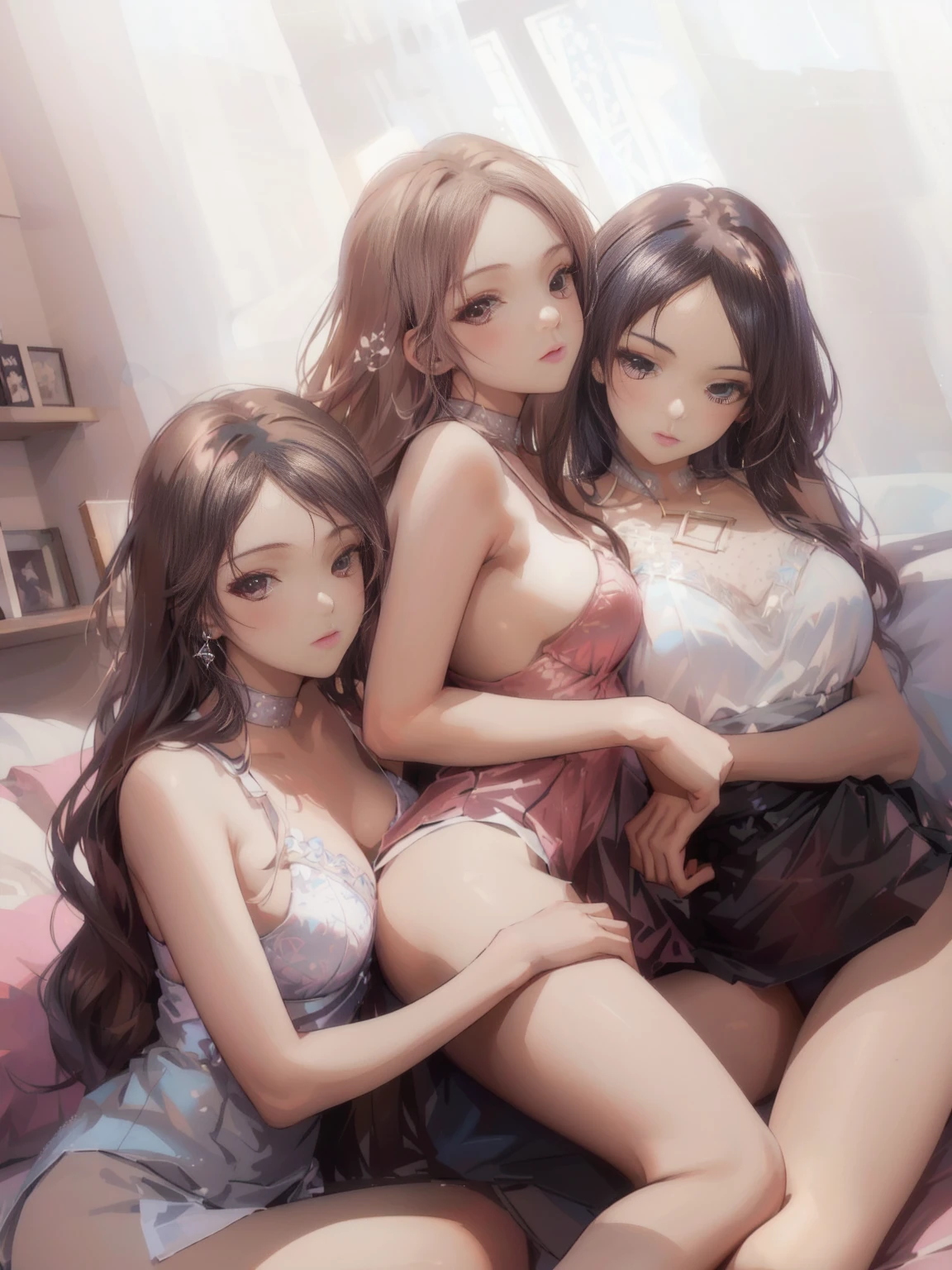 Three ladies in ????????? sitting on a bed with a window, style Atjem, Atjem. Anime Illustrations, IG model | Atjem, in the style Atjem, Popular on cgstation, Fan Art Best Artstation, style of Atjem, realistic art style, Atjem. High Detail, ! dream Atjem