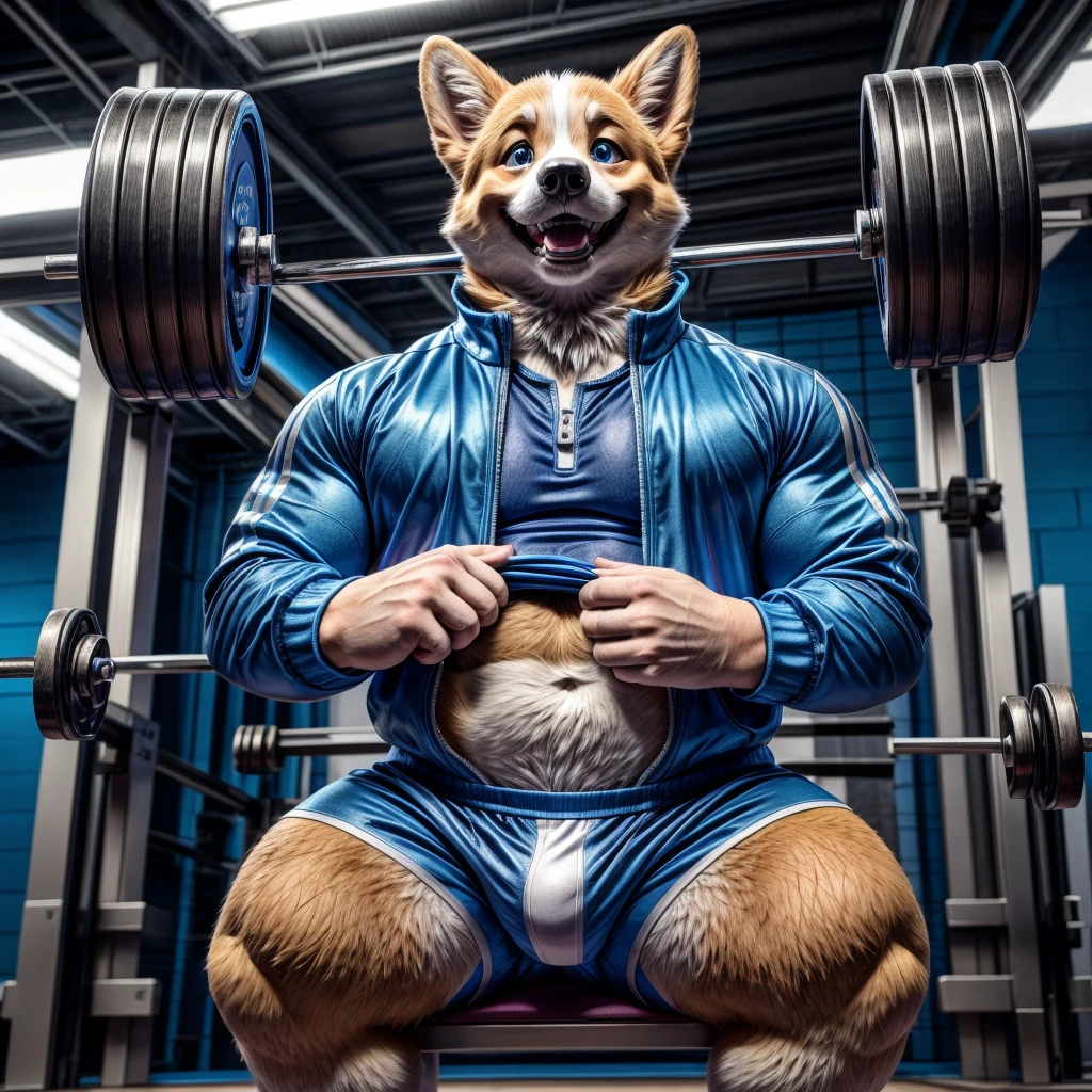 dad male corgi with small human blue eyes heavyweight lifter , dark blue track suit , ???????? ???????? ,white briefs , highly detailed lineart 4k, best quality, masterpiece, vivid colors, physically-based rendering, white hands five finger, grin 
