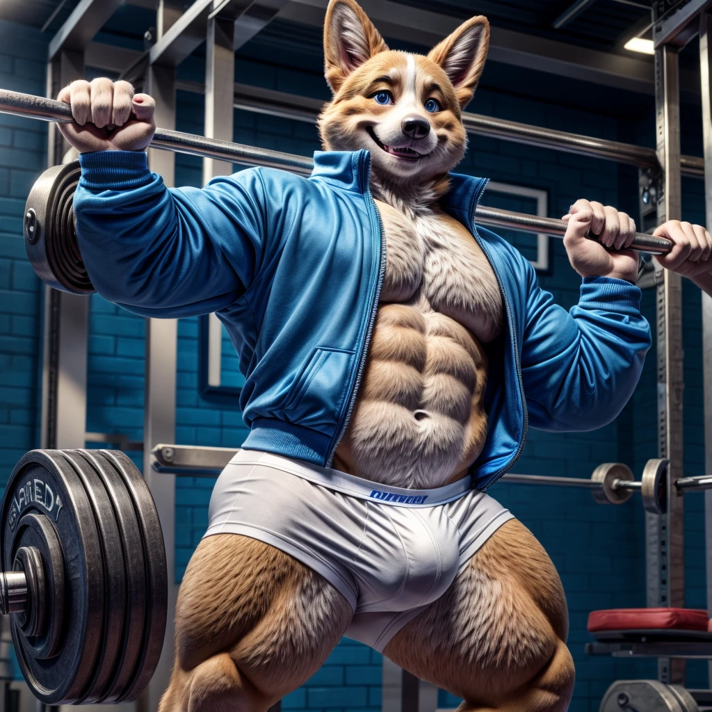 dad male corgi with small human blue eyes heavyweight lifter , dark blue track suit , no shirt no pants ,white briefs , highly detailed lineart 4k, best quality, masterpiece, vivid colors, physically-based rendering, white hands five finger, grin 
