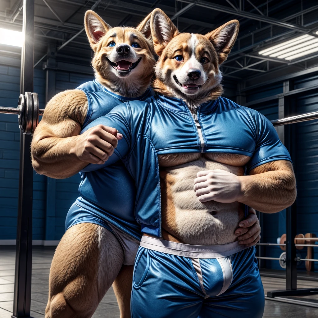 dad male corgi with small human blue eyes heavyweight lifter , dark blue track suit , no shirt no pants ,white briefs , highly detailed lineart 4k, best quality, masterpiece, vivid colors, physically-based rendering, white hands five finger, grin