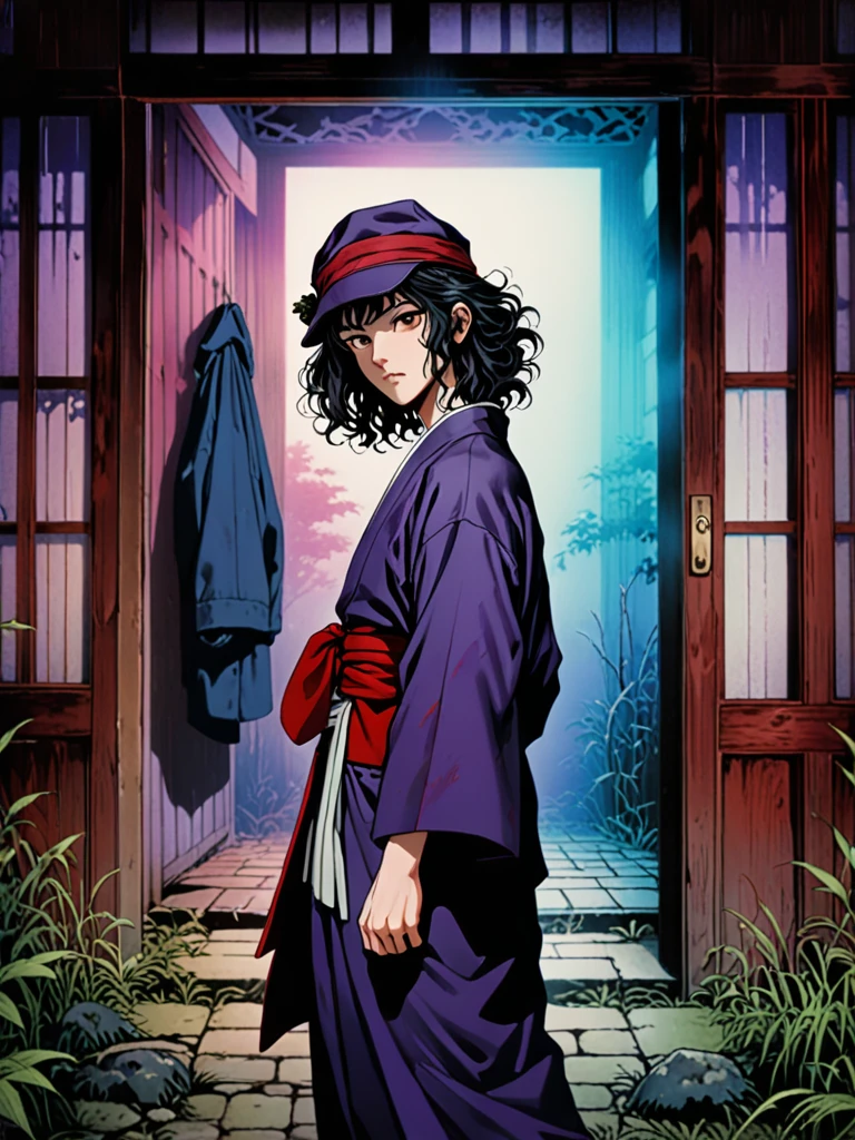 illust、art、from 80s horror movie, directed by Junji Ito、darkness、The front door of a dilapidated Japanese mansion、A young Japanese man with black, curly hair、Plain clothing、Wearing a khaki floppy hat、Wearing a haori、Wearing a collarless shirt、Hakama、Wearing geta、Scholar、cool、Nihil、high detail, realsitic shadow、Analog style, vhs style, 8mm film, chromatic aberration, Dvd screengrab、Blue-purple and red-purple gradation、Surrealism、Mystery、Horror、dark、1930s、Japanese style retro