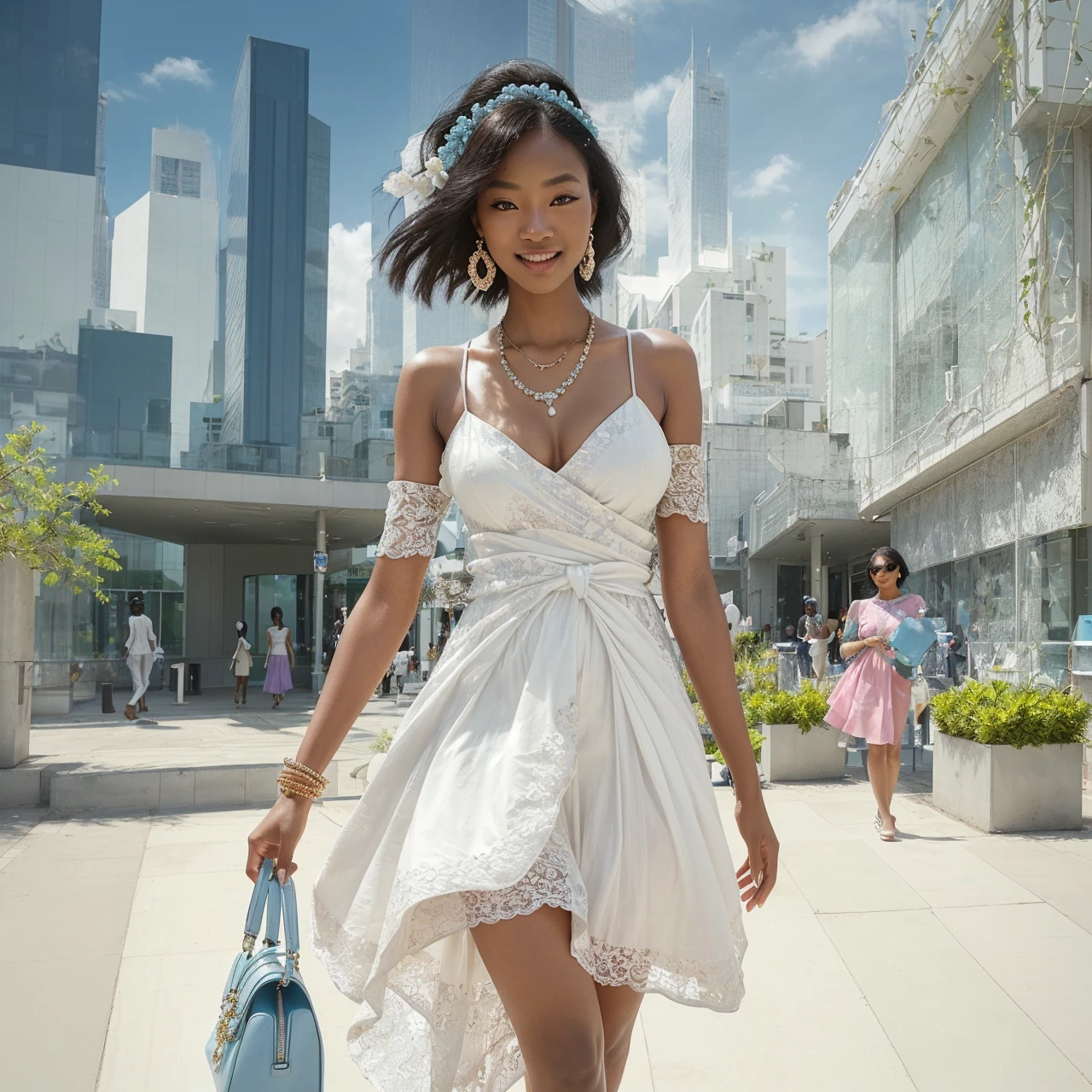 A photo of a woman in a designer summer dress. The dress should have an avant-garde design, be white, loose, and suitable for daytime office commuting, so not too ostentatious. The setting should be a fashionable urban environment, with stylish buildings and modern architecture in the background. It's summer, and the woman is walking towards the viewer with an engaging smile, exuding elegance and confidence. The model is of Nigerian and Korean heritage, with accessories including a chic pale blue handbag and stylish pale blue jewelry. Ensure the lighting emphasizes the textures and details of the dress and accessories, and conveys a vibrant, sunny atmosphere.