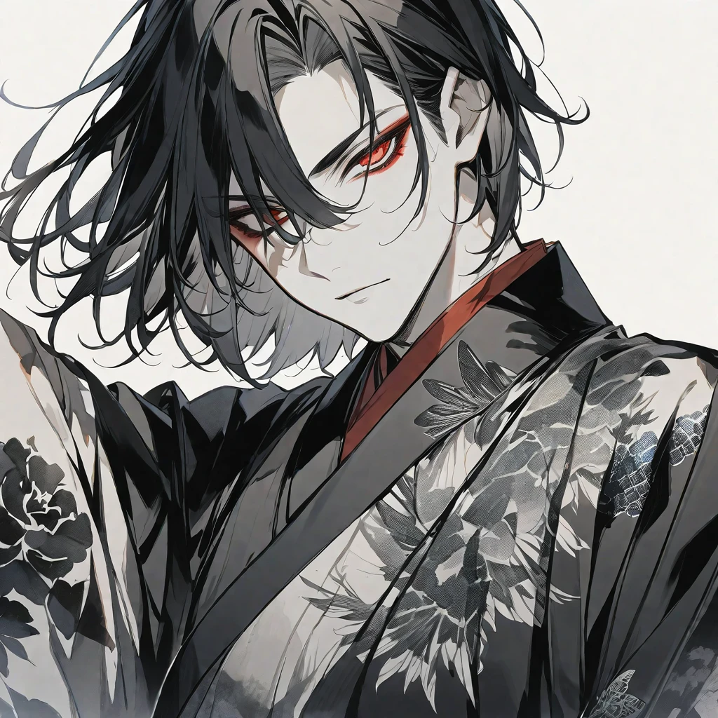 独奏,handsome, monotone,Watercolor,
1. male,
hime cut,Straight Hair,Bob Hair,
black hair, Gojo Satoru,
red Eyes,Black Rose Tattoo,butterfly Tattoo,
Black kimono,Japanese Pattern,
skin,Silver Accessories,
White background,