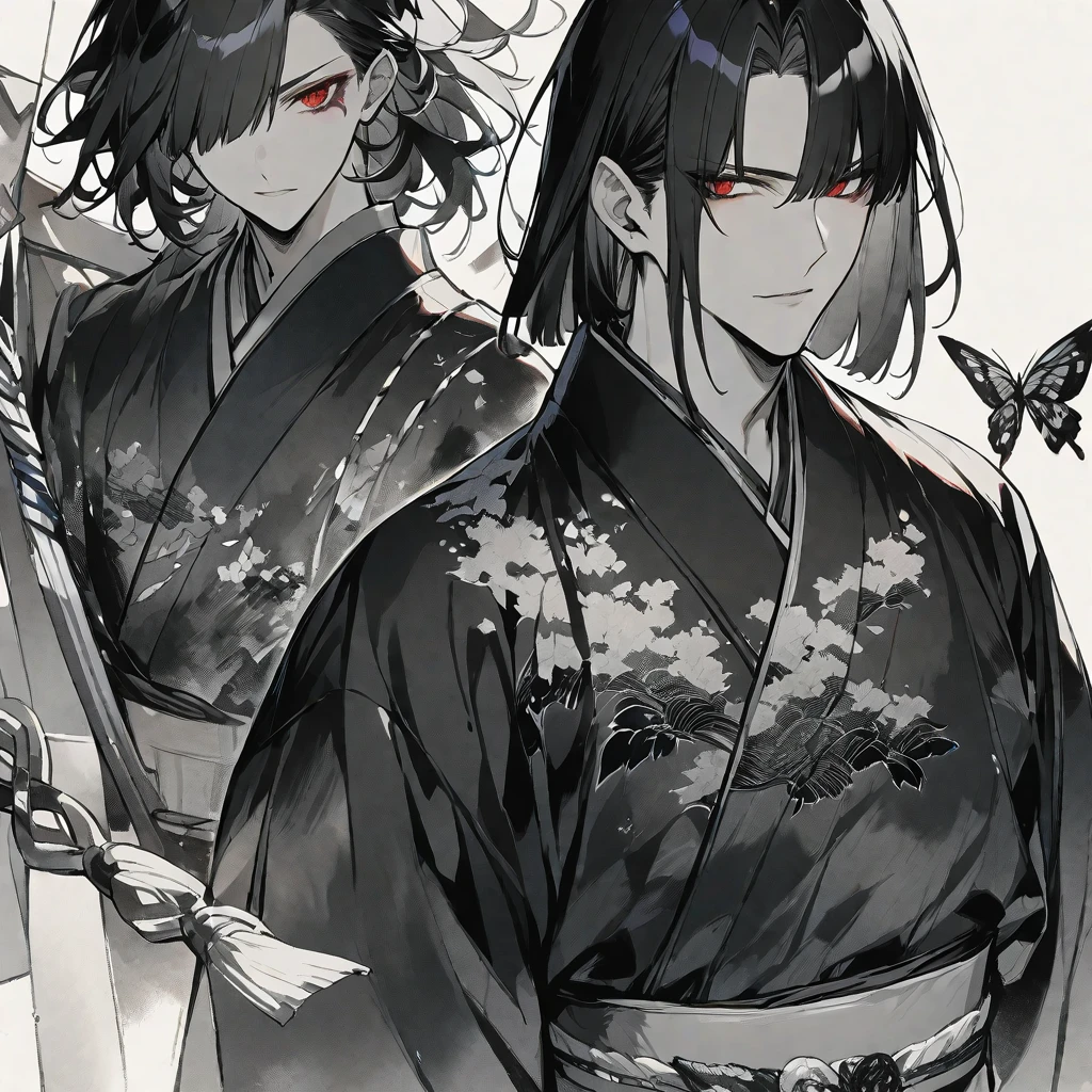 独奏,handsome, monotone,Watercolor,
1. male,
hime cut,Straight Hair,Bob Hair,
black hair, Gojo Satoru,
red Eyes,Black Rose Tattoo,butterfly Tattoo,
Black kimono,Japanese Pattern,
skin,Silver Accessories,
White background,