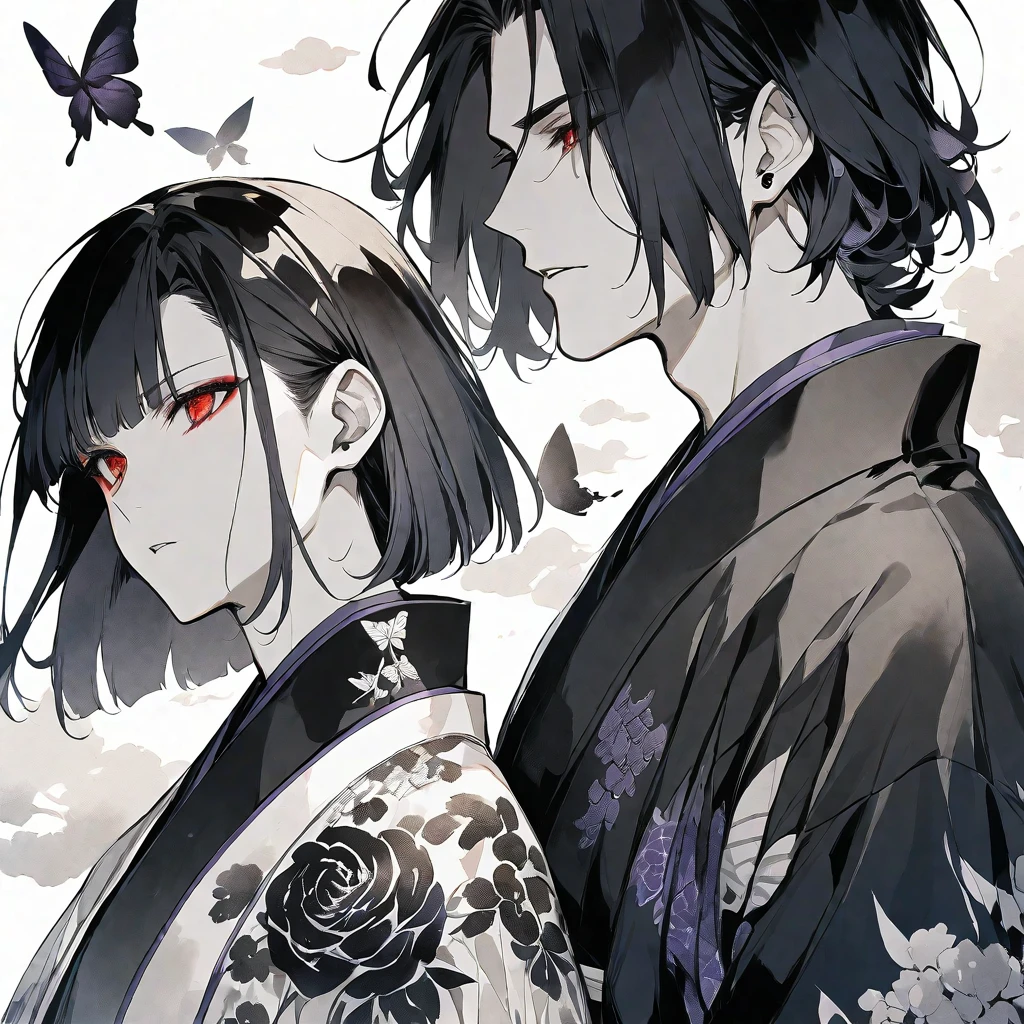 独奏,handsome, monotone,Watercolor,
1. male,
hime cut,Straight Hair,Bob Hair,
black hair, Gojo Satoru,
red Eyes,Black Rose Tattoo,butterfly Tattoo,
Black kimono,Japanese Pattern,
skin,Silver Accessories,
White background,