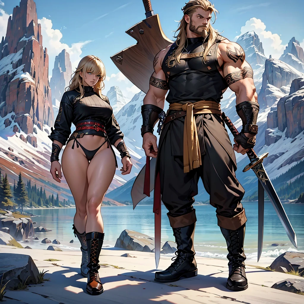 Black Viking left arm tattoo design, a full body muscular viking man and beautiful blond woman showing big busty and   showing , muscular legs, holding big sword with right hand, brown hair divided with bangs, perfect eyes, wearing warrior leather shoes, wearing warrior boots, lake and mountains in the background.
