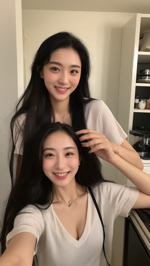 ((highest quality、8k、master piece:1.3))、1 girl、The beauty of slim abs:1.3、(hairstyle casual)、smooth long black hair、(black long hair:1.8), tan skin, super detailed face、delicate eyes、double eyelid、laughter、Home、vest、alcohol、30 age、housewife、smile、various clothes、various poses、Neighborhood、The wife next door、Charm、cleavage、big ass、lightly dressed、Around 40、Plump、Cooking、
