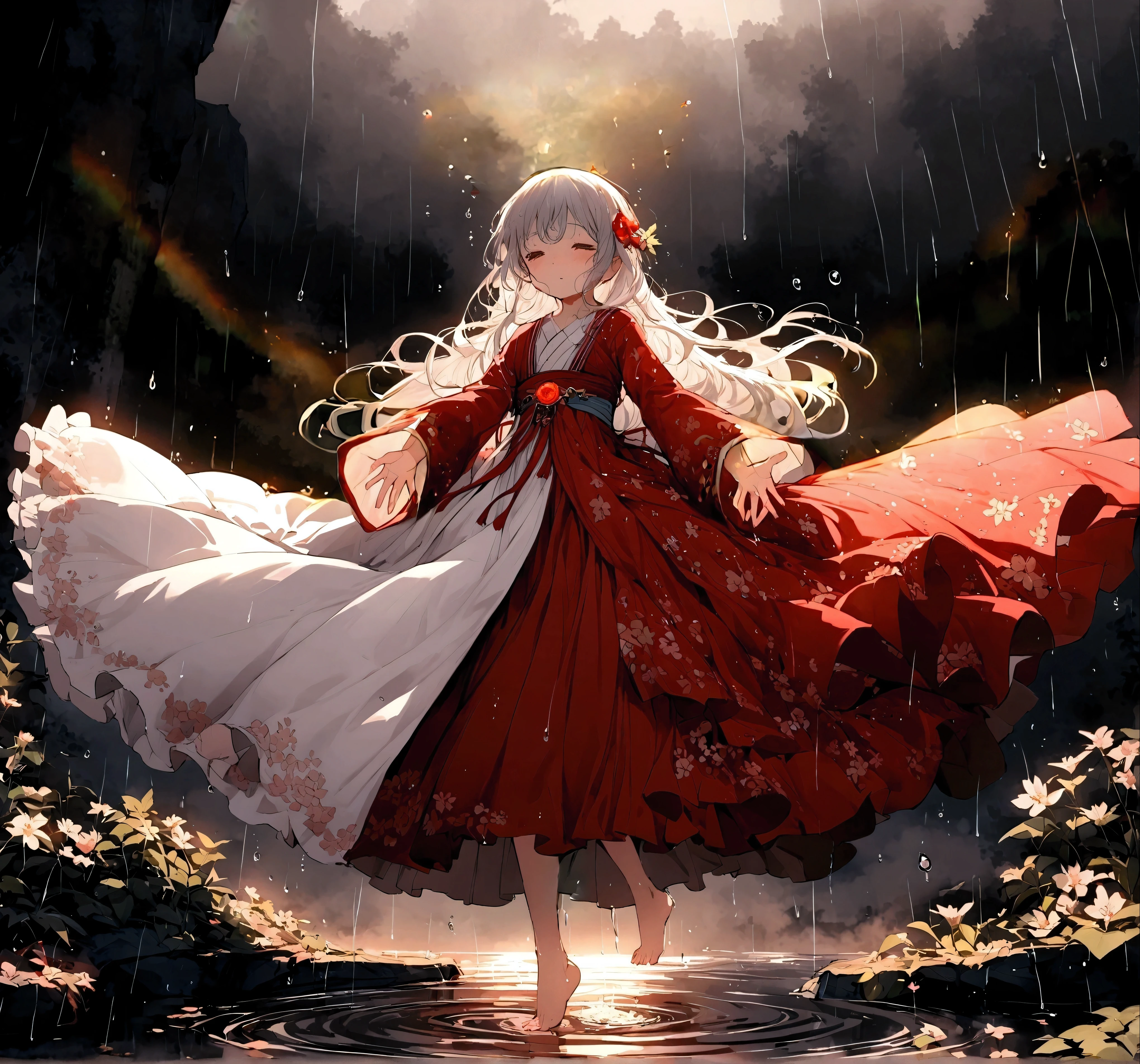 (full body), (solo), (A 7-year-old girl:1.2), (very young little girl), loli, (Solo), (small breast), (wide angle), raw photo, Aesthetic, Convoluted, Awarded, chiaroscuro, Best Quality, Detailed background, (Misty atmosphere:1.2), (hard rainy day:1.1),((Girl in red very long hanfu:1.2)), large red silk hanfu, long red hanfu with a silk texture, best wrinkles, real wrinkles, best shadows, (wet, wet body, wet hair, wet skin, very wet red hanfu, reflection on the wet hanfu, delicate cherry blossom embroidery, subtle water droplets:1.15), (water spray:1.1), The downpour cascades from the heavens, each droplet a crystal bead against the backdrop of the dusky sky. The little girl, a vision in scarlet, twirls gracefully, her red long dress adorned with intricate golden patterns that shimmer in the rain's soft light. The fabric, once crisp and structured, now clings to her form, revealing the contours of her youthful silhouette. Her hair, once neatly styled, now falls in damp strands around her face, framing her features with a natural, wild beauty. The rain has washed away any semblance of artifice, leaving only the pure essence of her spirit exposed. Barefoot, her feet press into the cool, damp earth, each step a connection to the sacred ground beneath her. As she dances, her movements are fluid and free, a dance not of choreographed steps but of spontaneous expression. Her arms extend, hands gracefully tracing the air, as if drawing the raindrops into her orbit. The rain-soaked dress flows with her, the hem fluttering like wings as she spins, creating a halo of water around her. The scene is one of serene tranquility, yet there is an undercurrent of sacred power. The rain, the earth, the girl, all are part of an ancient ritual, a dance of life and renewal. The air is filled with the scent of wet earth and the faintest hint of something more—a hint of incense, perhaps, or the memory of prayers whispered long ago. This is a moment frozen in time, a snapshot of innocen