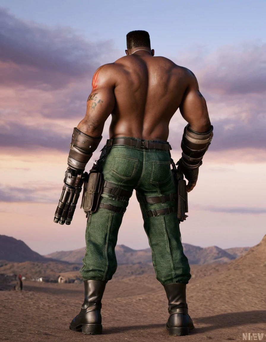 barret, dark skin male with gun arm and tattoo, sunglasses, bulk , full body , black boots , shirtless , (( micro-tongs )) , NSFW . backside , back side 