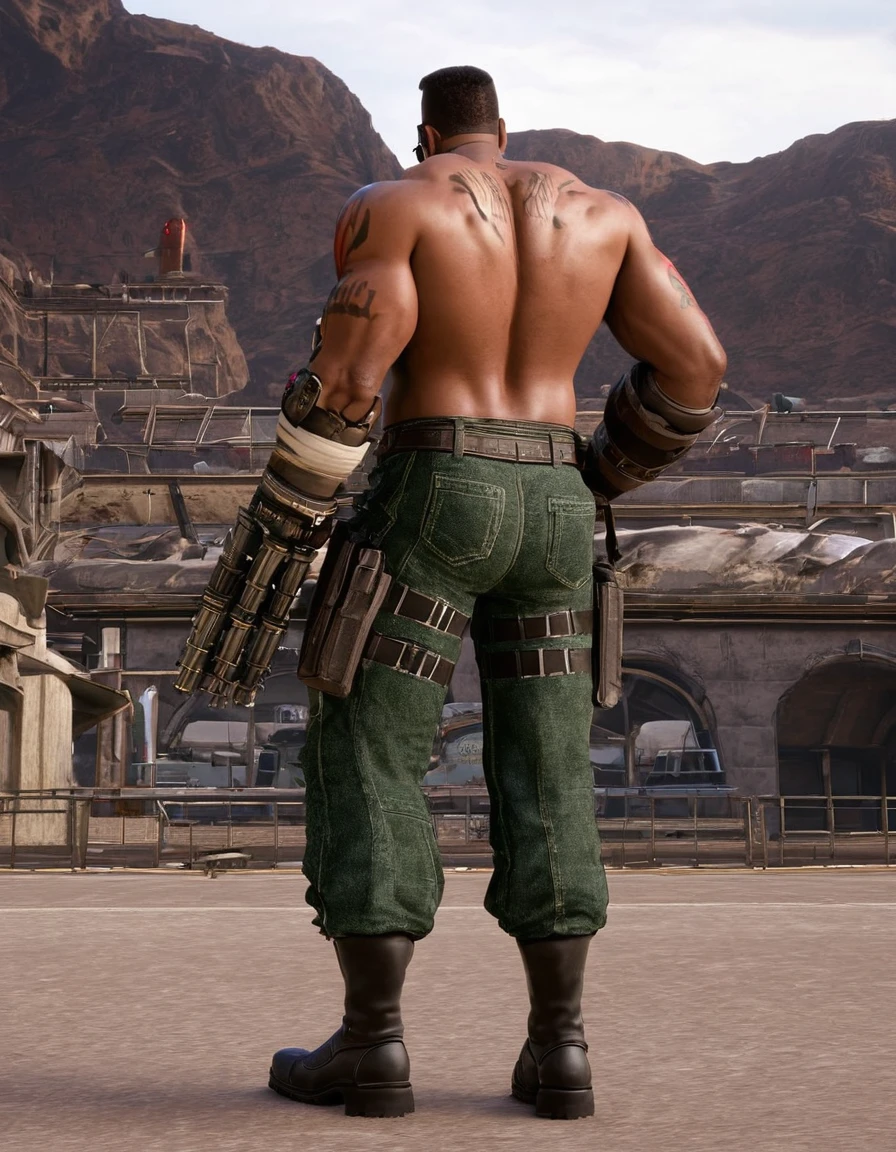 barret, dark skin male with gun arm and tattoo, sunglasses, bulk , shirtless , (black g-string) , full body , black boots , backside , back side