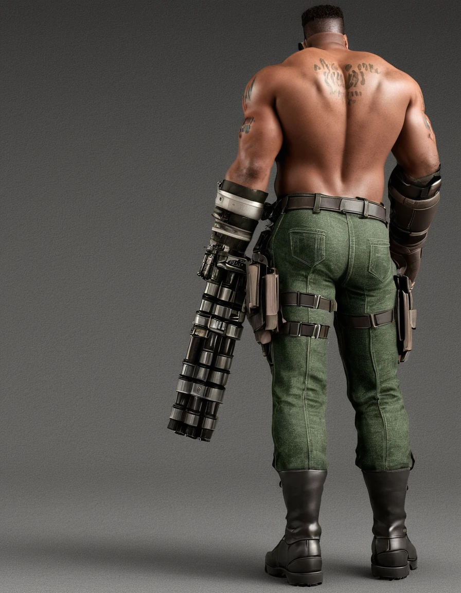 barret, dark skin male with gun arm and tattoo, sunglasses, bulk , full body , black boots , shirtless , (( micro-tongs )) , NSFW . backside , back side