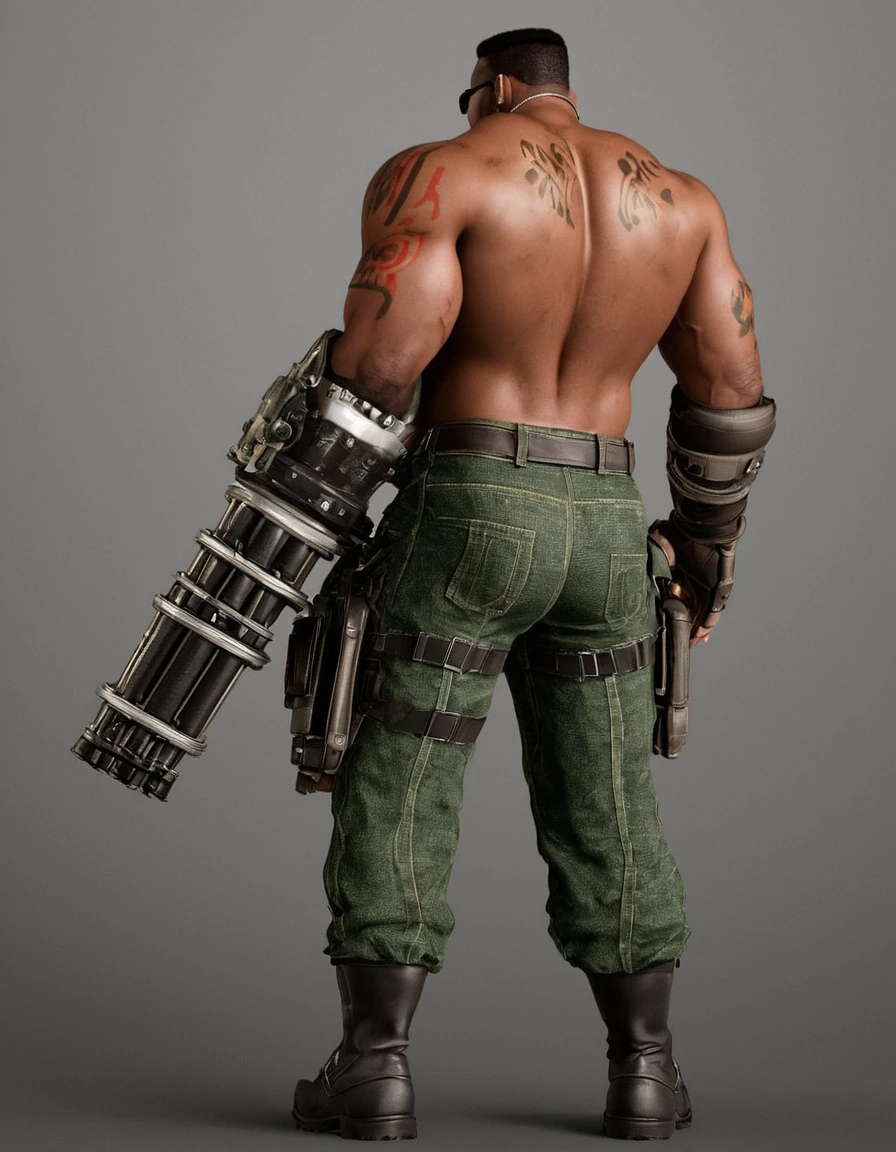 barret, dark skin male with gun arm and tattoo, sunglasses, bulk , full body , black boots , shirtless , (( micro-tongs )) , NSFW . backside , back side 