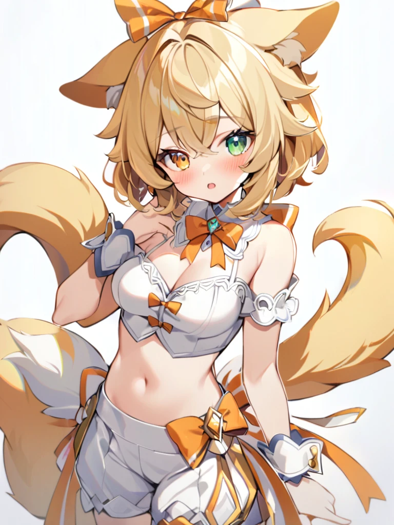 1girl, animal ears, bangs, bare shoulders, blonde hair, blush, bow, breasts, white cleavage, cropped torso, , green eyes, hair ribbon, heterochromia, , looking at viewer, open mouth, orange bow, orange eyes, orange ribbon, ears of an unusual animal, a real tail, a fluffy tail, two tails on the sides, ribbon, solo, stuffed animal, , upper body, full-length, white legbands, white shoes with lace and white bows, white background, wrist cuffs, yellow eyes, bloomers, close-up, fair skin frills, lace, midriff, skirt, solo, , white background,shorts, white top with ribbon and lace and trousers,trousers, genshin,white slippers with a bow,All clothes are white, laceAt full height, it stands