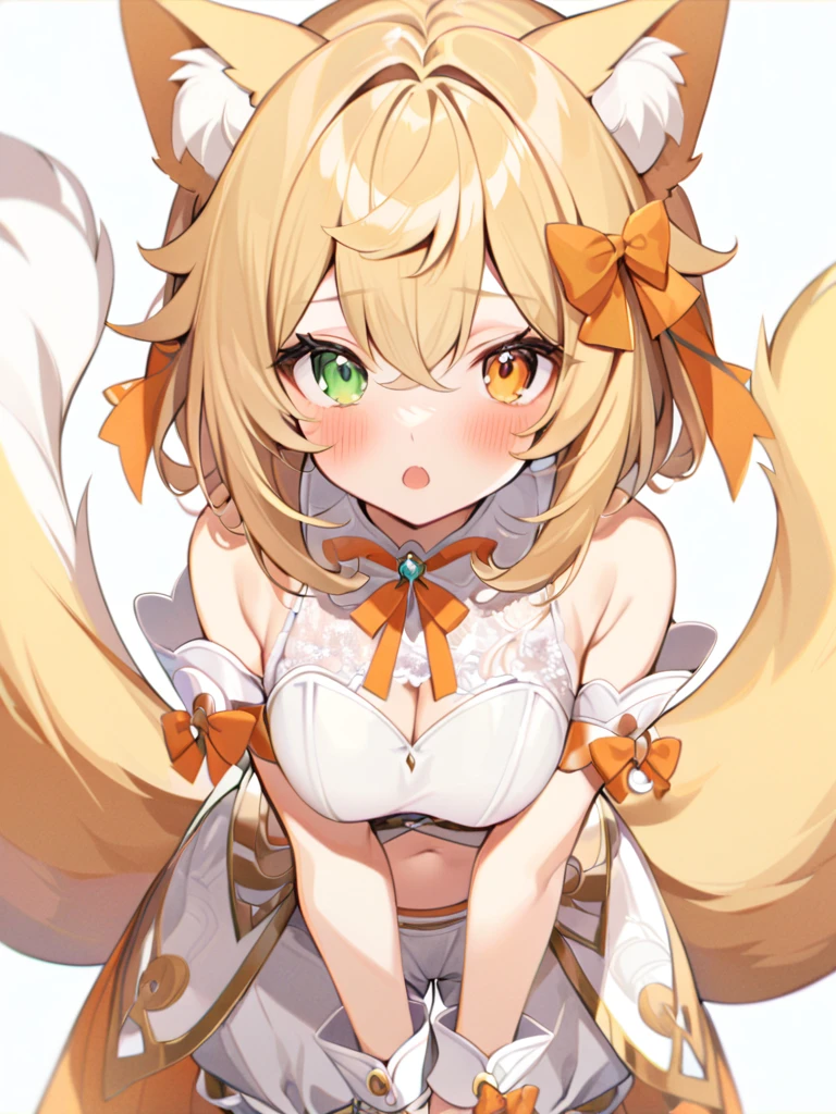 1girl, animal ears, bangs, bare shoulders, blonde hair, blush, bow, breasts, white cleavage, cropped torso, , green eyes, hair ribbon, heterochromia, , looking at viewer, open mouth, orange bow, orange eyes, orange ribbon, ears of an unusual animal, a real tail, a fluffy tail, two tails on the sides, ribbon, solo, stuffed animal,   , upper body, full-length, white legbands, white shoes with lace and white bows, white background, wrist cuffs, yellow eyes, bloomers, close-up, fair skin frills, lace, midriff, skirt, solo, , white background,shorts, white top with ribbon and lace and trousers,trousers, genshin,white slippers with a bow,All clothes are white, laceAt full height, it stands