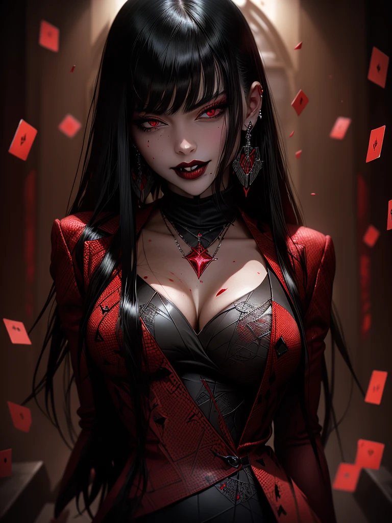 Explore the depths of darkness and passion with this striking digital artwork featuring a seductive woman adorned in a black dress, her ruby red lips a stark contrast against the bold red and black splatters that surround her.