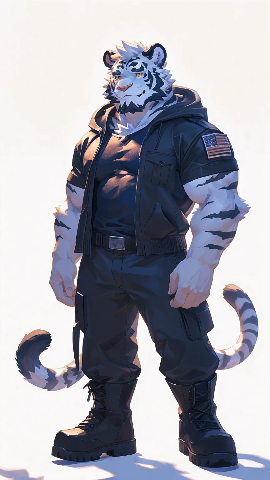 (masterpiece:1.2), best quality,pixiv,official art,perfect anatomy, (Ray tracing, light),solo, (1_male:1.3) , (muscle), (white fur:1.4), (muscle white tiger), (beard:1.2), (gleaming golden eyes), tigrt tail, Thick eyebrows, open hoodie, (naked inside:1.2), cargo pants, (boots:1.2), (pure white background: 1.3)