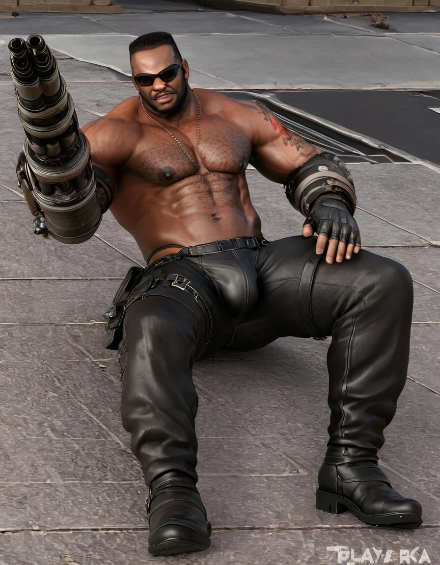 barret, dark skin male with gun arm and tattoo, sunglasses, bulk , shirtless , (black g-string) , full body , black boots , bulge , laying spread legs