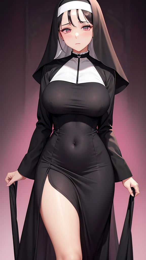 a woman nun big breast sexy bored serious sad emo sleepless eye sleep tired short black hair her pink eye dresses nuns suit shows navel and a long black skirt