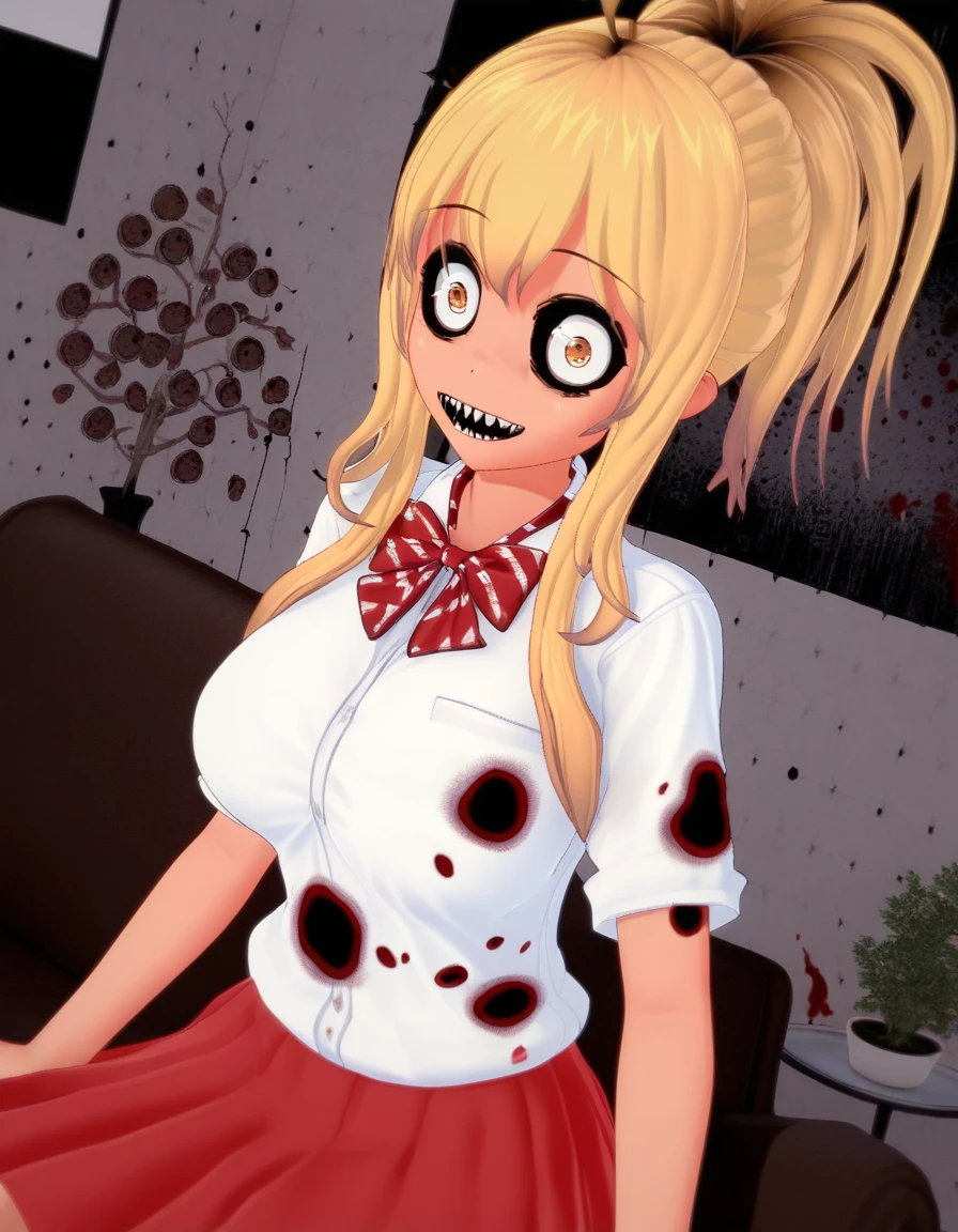 chika, 1girl, , solo, blonde hair, couch, , looking at viewer, bowtie, red skirt, ponytail, bleeding from eyes, black sclera, sitting, blood stains, torn clothes, white shirt, kogal, indoors, ahoge, red bow, smile, open mouth, needlelike teeth, dim lighting, (horror, black static, scribbles:1.4), potted plant, bodyhorror, extra eyes, extra mouth, score_9, score_8_up, score_7_up, score_6_up, score_5_up, score_4_up