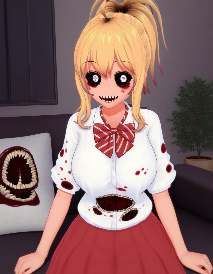 chika, 1girl, huge breasts, solo, blonde hair, couch, , looking at viewer, bowtie, red skirt, ponytail, bleeding from eyes, black sclera, sitting, blood stains, torn clothes, white shirt, kogal, indoors, ahoge, red bow, smile, open mouth, needlelike teeth, dim lighting, (horror, black static, scribbles:1.4), potted plant, bodyhorror, extra eyes, extra mouth, score_9, score_8_up, score_7_up, score_6_up, score_5_up, score_4_up