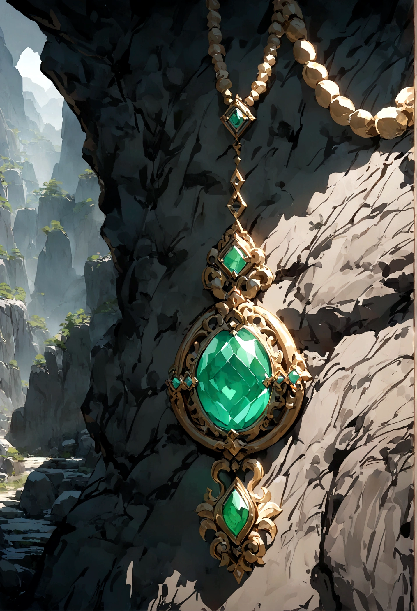 ((Chinese style,Immortal World,Xianxia World)),Mountain,Mist,(((Cave,)))mystery,Huge jade pendant,nobody,Close-up,((Chinese style))