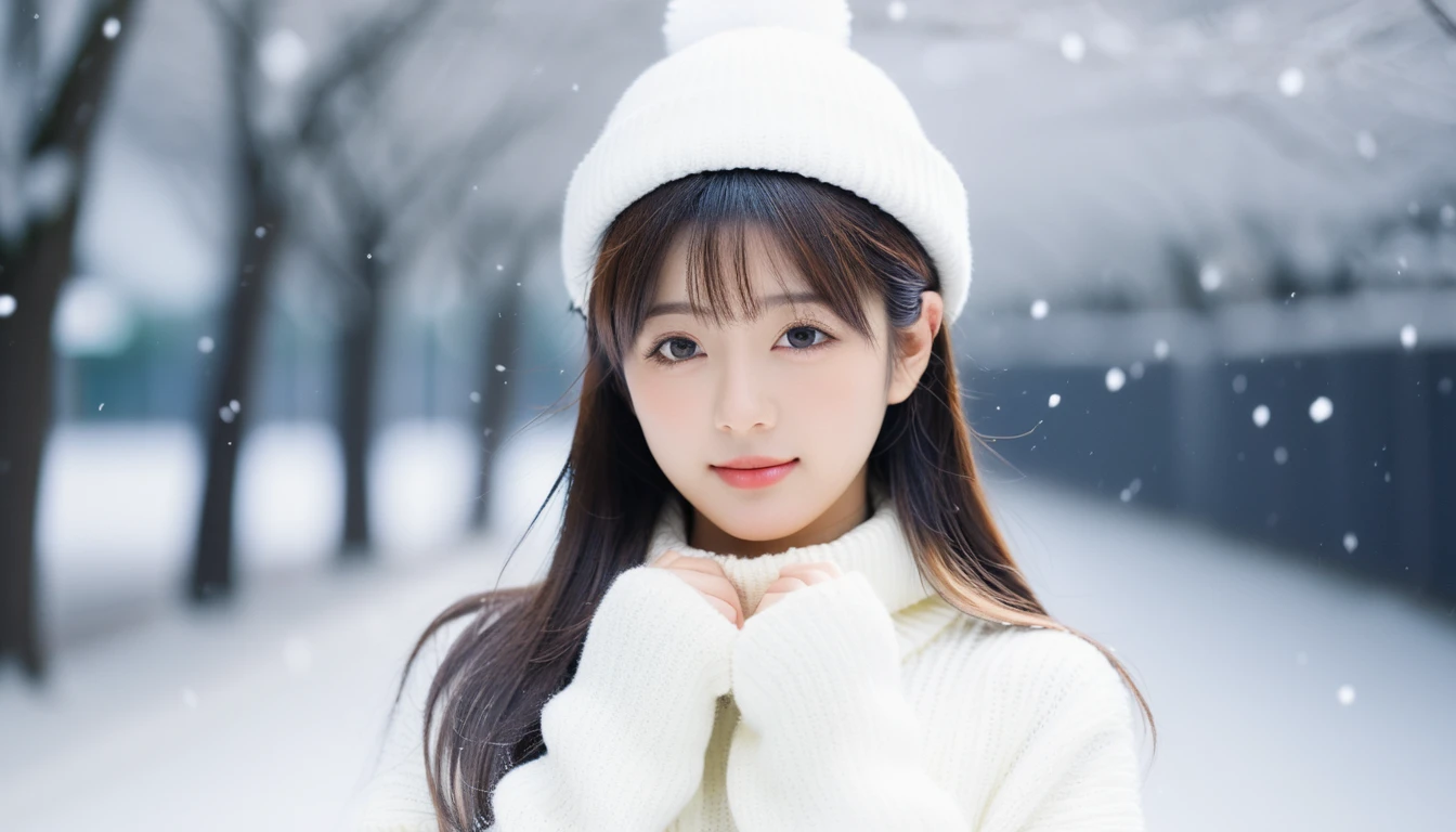 best quality, masterpiece,
Analog photo of Japanese idol girl wearing white sweater and white sweater hat, looking at viewer, long hair, Headshots, hold one's cheek with one's hand, enlargement, very beautiful detailed face, medium chest, (Cute face, looks tempting), eye level,
professional photos, high contrast exposure, soft bokeh, high key light, solid shadow, soft bokeh, snowfall, snowfall background,