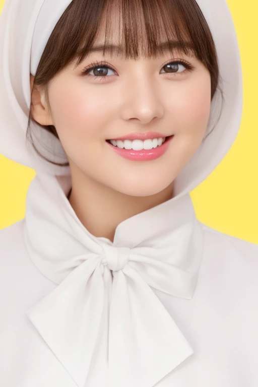 Portrait of an american girl, (centered image composition),(close up shot:1.6),best quality,f/1. 8, 85mm, wearing ribbon (18years north white woman), black_hair,(brown_eyes:1.2),(bangs),makeup,white_dress, (yellow_background, magical, animation), very big smile, modest outfit, hijab, veil, using jacket