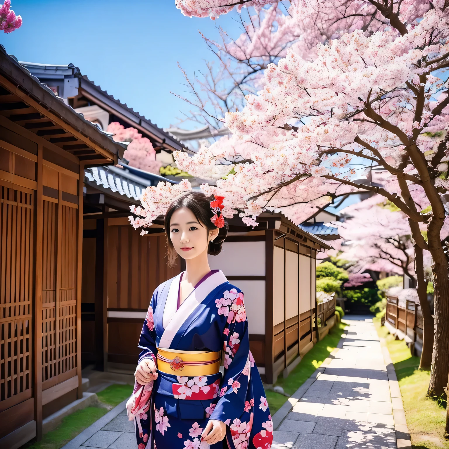 Beautiful Japanese Geisha Photos, Colorful kimonos, Cherry blossoms against the blue sky and the old streets of Kyoto