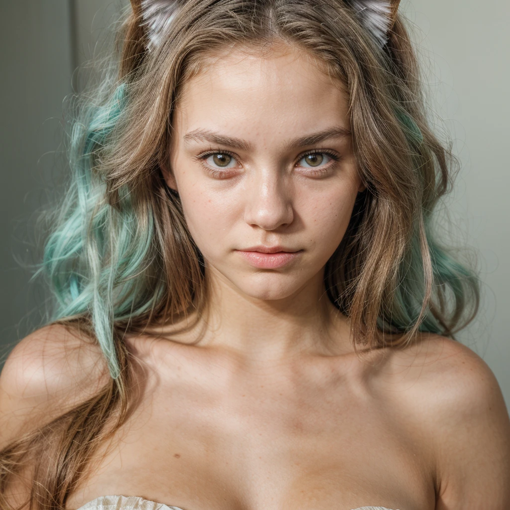 cute American girl, feline features, pointed face, innocent look, 18 years old girl, ( focus on face, shallow focus:1.2), head and shoulders portrait, 4k, natural lighting, film grain,