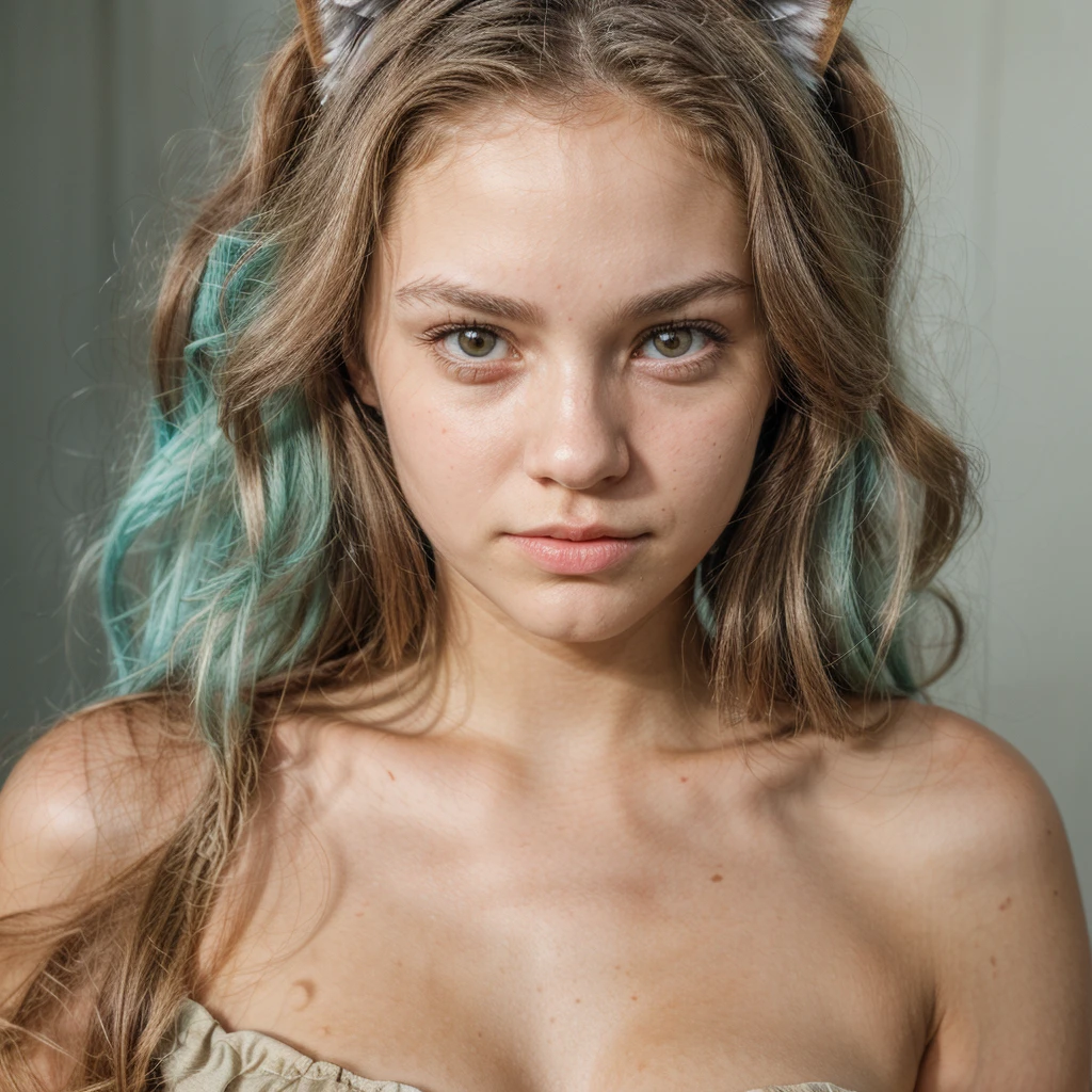 cute American girl, feline features, pointed face, innocent look, 18 years old girl, ( focus on face, shallow focus:1.2), head and shoulders portrait, 4k, natural lighting, film grain,