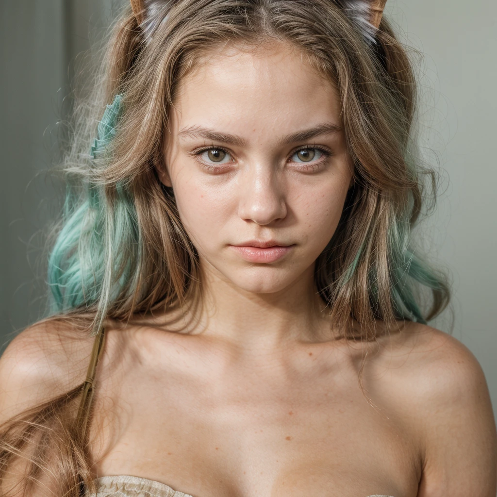 cute American girl, feline features, pointed face, innocent look, 18 years old girl, ( focus on face, shallow focus:1.2), head and shoulders portrait, 4k, natural lighting, film grain,