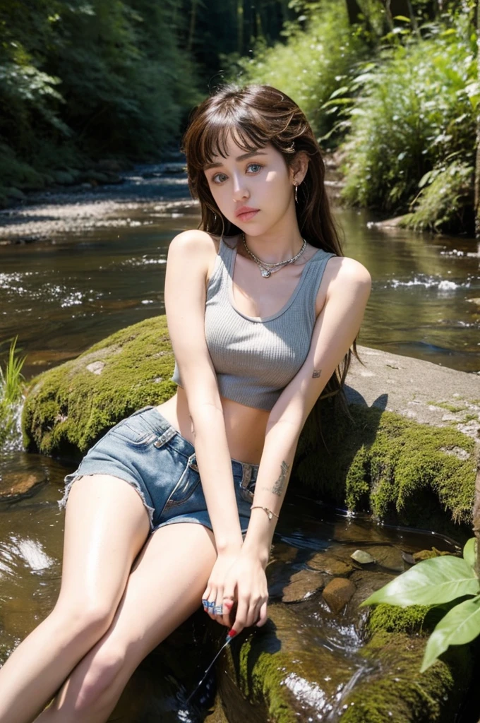 Miley Cyrus is beautiful, long straight hair, wearing a cropped tank top and shorts, sitting cross-legged on the bank of a stream, rock, forest.