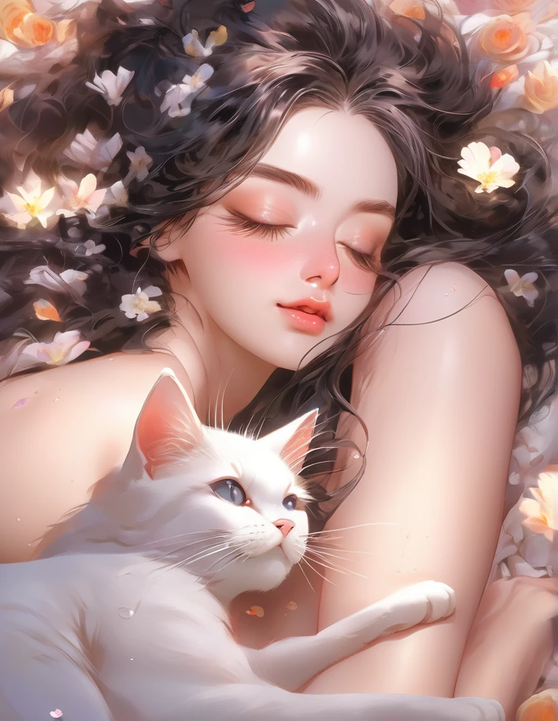 (Harem Manga style:1.2) , Hallucination, daydream , nightmare , Insane Dream , bokeh , erotica , romance , nudity girl and realistic cat , Petals fluttering down , (Single eyelids, round nose, swollen cheeks) , glossy lips , Collarbone , Hair blowing in the wind , Goddess of lust , lying back , (hide crotch by cats:1.5) , (hide nipple by cats:1.5) , (close up cat:1.1) , spread legs , bra