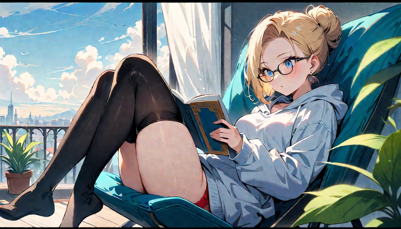 (masterpiece, best quality:1.2), solo, Android 18 from Dragon Ball, ((light gray hooded sweatshirt, Oversized hooded sweatshirt, long sleeve, black thin thigh highs, red panties, knees up, beautiful butt, thighs)), small breasts, blonde hair, (single hair bun), ((blue eyes)), (wearing glasses), earrings on earlobes, slender feminine figure, skinny body, (reading a book), cleavage, off shoulder, light blush, chill, hot coffee, organized, simple, white-based interior, a few plants, cloudy sky, terrace, magnificent view, blur background, 4K, on the cute chair, (pale blue chair),