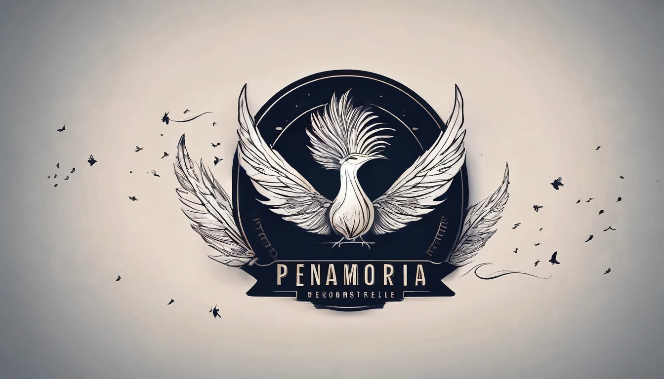 Create a professional, fantastic, cinematic dream-like Youtube Banner for a brand about music, stories, fantasy and dreams called " Penamemoria". Masterpiece, 4k, sharp focus, highest quality,wide shot. The title is " Penamemoria". Is a brand about the creative, unique journey of a boy into becoming a musician storyteller inspired by feathers and birds. Modern logo design of a boy and a feather. The logo must convey a sense of memories and dreams