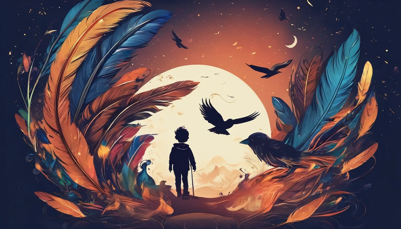 Create a professional, fantastic, cinematic dream-like Youtube Banner for a brand about music, stories, fantasy and dreams called " Penamemoria". Masterpiece, 4k, sharp focus, highest quality,wide shot. The title is " Penamemoria". Is a brand about the creative, unique journey of a boy into becoming a musician storyteller inspired by feathers and birds. Modern logo design of a boy and a feather. The logo must convey a sense of memories and dreams