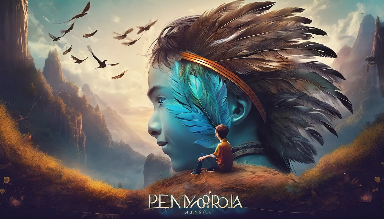 Create a professional, fantastic, cinematic dream-like Youtube Banner for a brand about music, stories, fantasy and dreams called " Penamemoria". Masterpiece, 4k, sharp focus, highest quality,wide shot. The le is " Penamemoria". Is a brand about the creative, unique journey of a boy into becoming a musician storyteller inspired by feathers and birds. Modern logo design of a boy and a feather. The logo must convey a sense of memories and dreams
