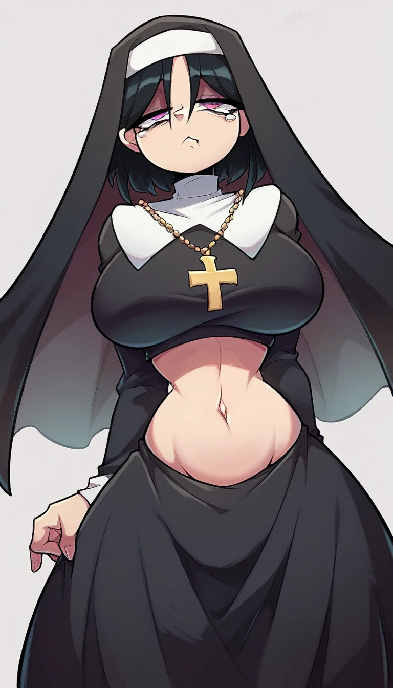 a woman nun big breast sexy bored serious sad emo sleepless eye sleep tired short black hair her pink eye wears a nuns suit shows navel and a gigantic long black skirt she tears off head person