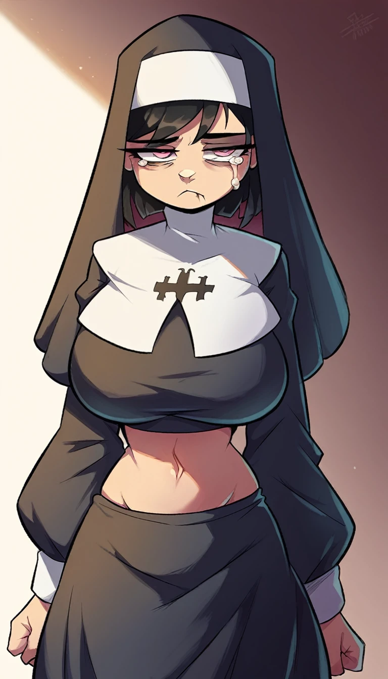 a woman nun big breast sexy bored serious sad emo sleepless eye sleep tired short black hair her pink eye wears a nuns suit shows navel and a gigantic long black skirt she tears off head person