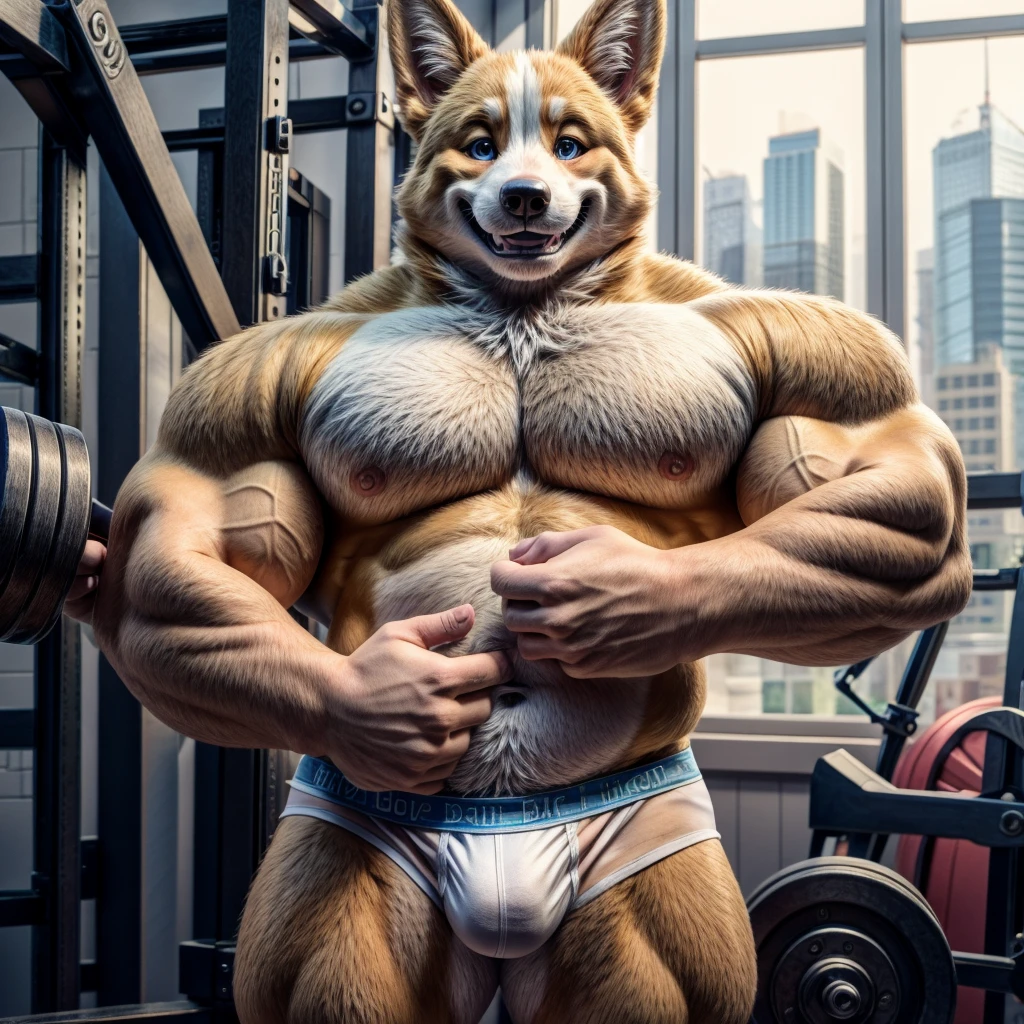 dad male corgi with small human blue eyes heavyweight lifter , no shirt no pants ,white briefs , highly detailed lineart 4k, best quality, masterpiece, vivid colors, physically-based rendering, white hands five finger, grin