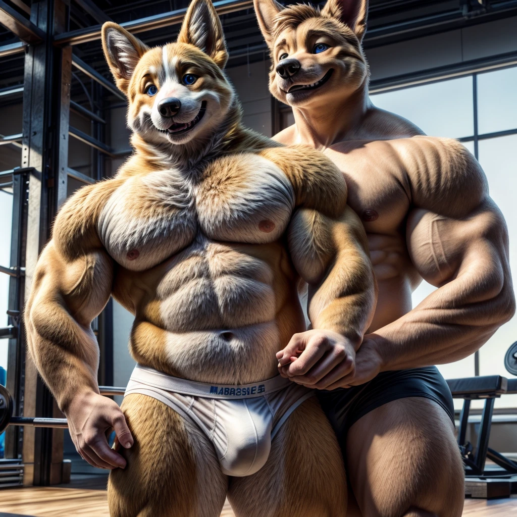 dad male corgi with small human blue eyes heavyweight lifter , no shirt no pants ,white briefs , highly detailed lineart 4k, best quality, masterpiece, vivid colors, physically-based rendering, white hands five finger, grin
