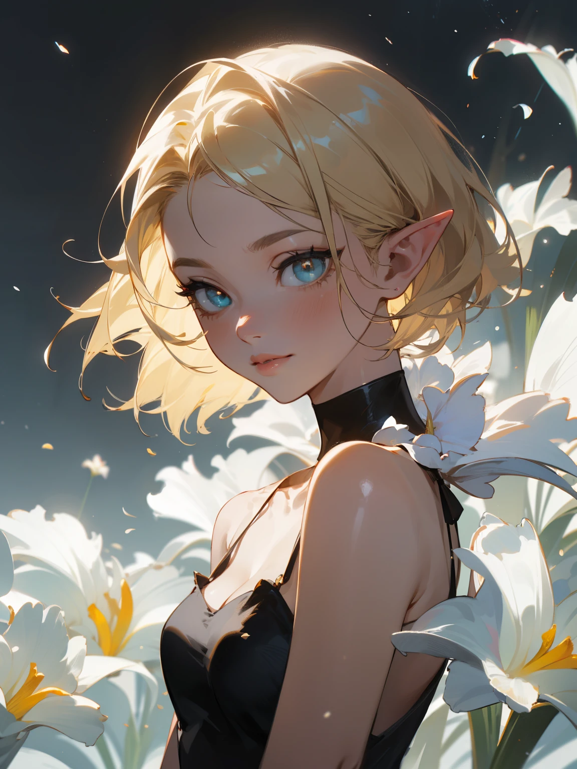 (masterpiece), ((best quality)), (super detailed), (Clean and delicate face), (side lighting, finely detailed beautiful eyes: 1.2), (Eyelid, Pupil, Sclera, Iris), particle, wind, flower, upper body, pixie cut blonde hair, slick back, pointed ears, slight smile, lips apart, bare shoulder black dress, sleeveless, cleavage, (bare neck, beautiful clavicle), dark simple background, looking at viewer, galaxy