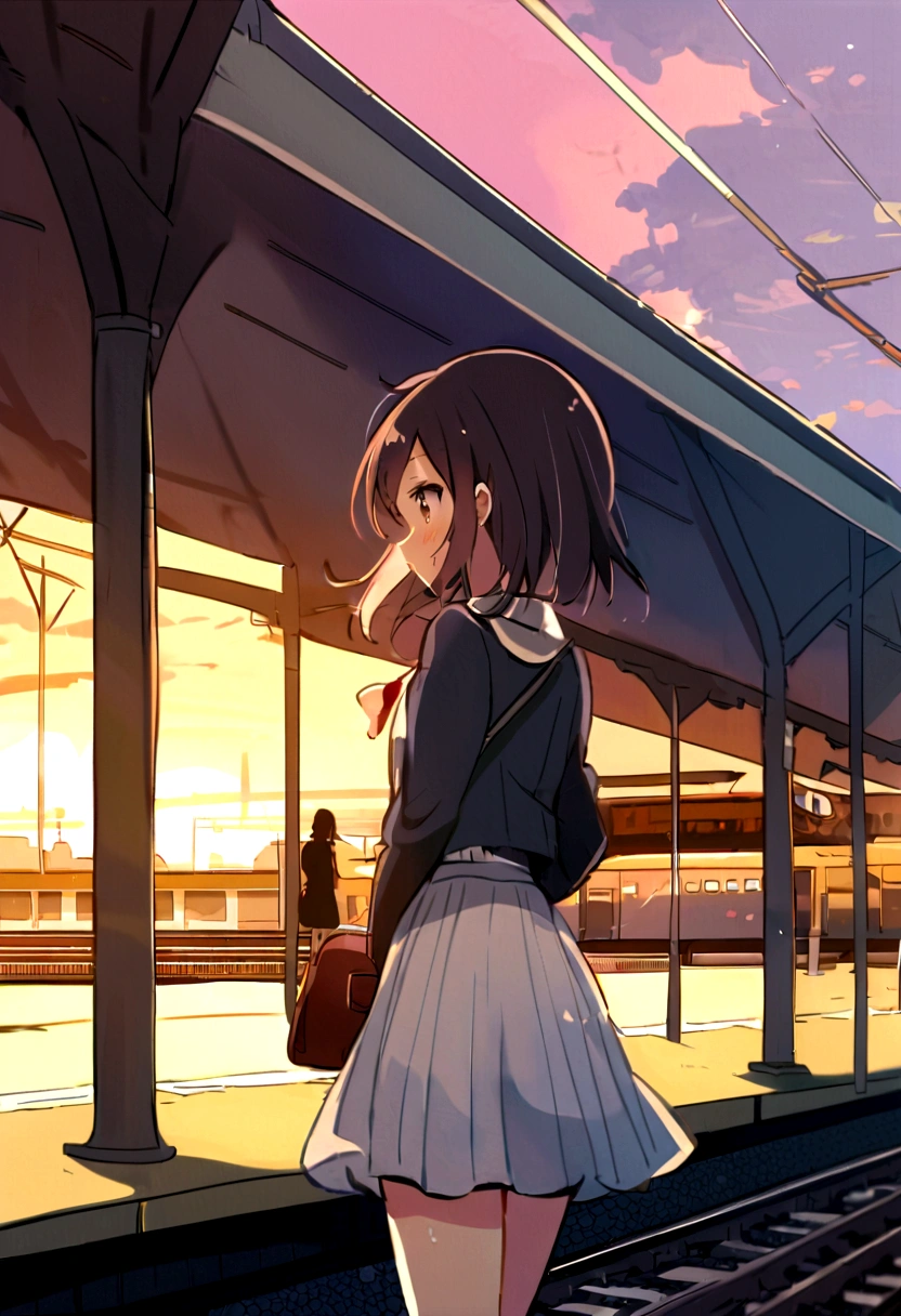 School Days, kotonoha, makoto, sekai, in the train station, sunset, outcast