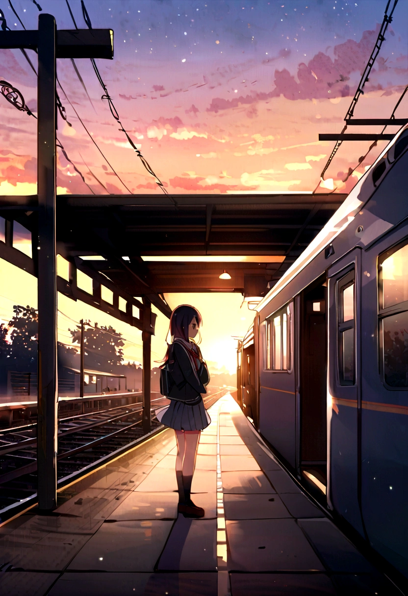 School Days, kotonoha, makoto, sekai, in the train station, sunset, outcast
